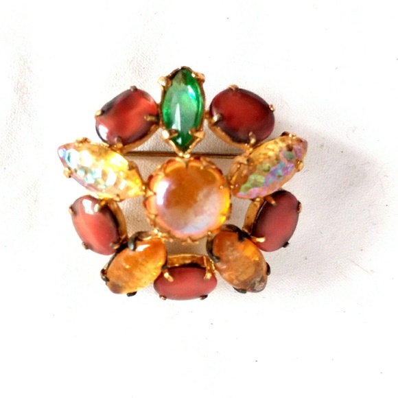 Vintage Jewelry - Vintage Gold AB Crystal Flower Brooch